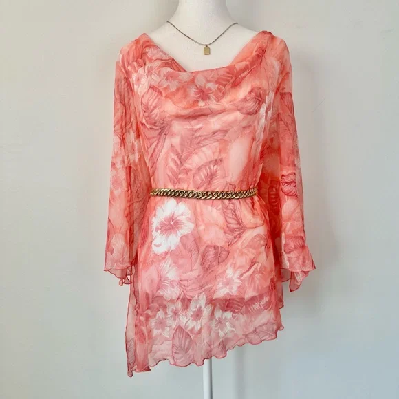 Vintage Picadilly Orange and Pink Floral Asymmetrical Sheer Blouse 3/4 Sleeves - Picture 1 of 15